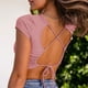 thumbnail image 5 of Blusa con cuello cruzado elástico rosa y espalda descubierta con cordones, 5 of 7
