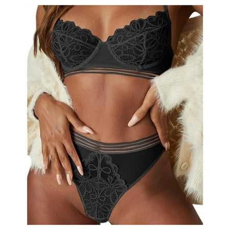 

wendunide lingerie for women 2PCS Women Lace Sexy Lingerie Set Push Up Bra Garter Belt Underwear Nightwear Bra & Brief Sets Black XL