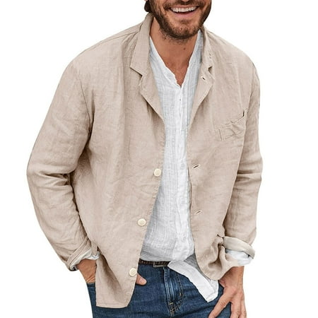 

Pinkpaopao Men s Solid Color Cotton Linen Shirt Loose Long-sleeved Lapel Leisure Breathable All-Match Top Button Pajama