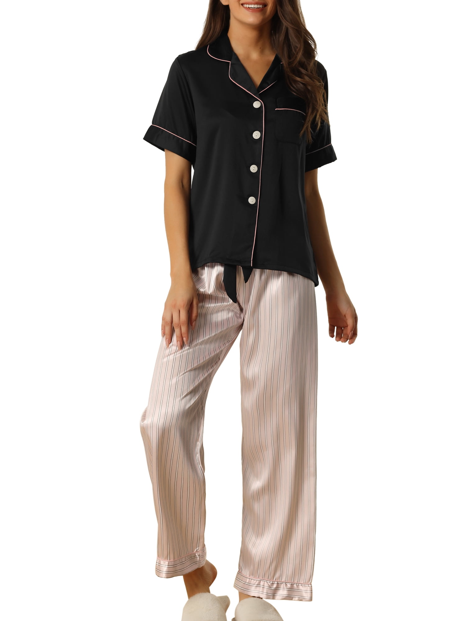 Unique Bargains Womens Satin Sleepwear Short Sleeve Loose Pants Lounge Pajama Sets M Light Pink