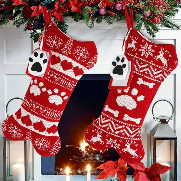 2PCS Pet Dog Christmas Stockings Red Knit Christmas Stockings Large Bone Shape Pet Xmas Stockings for Dogs with Picture Frame, Hanging Dog Stocking Christmas Decoration