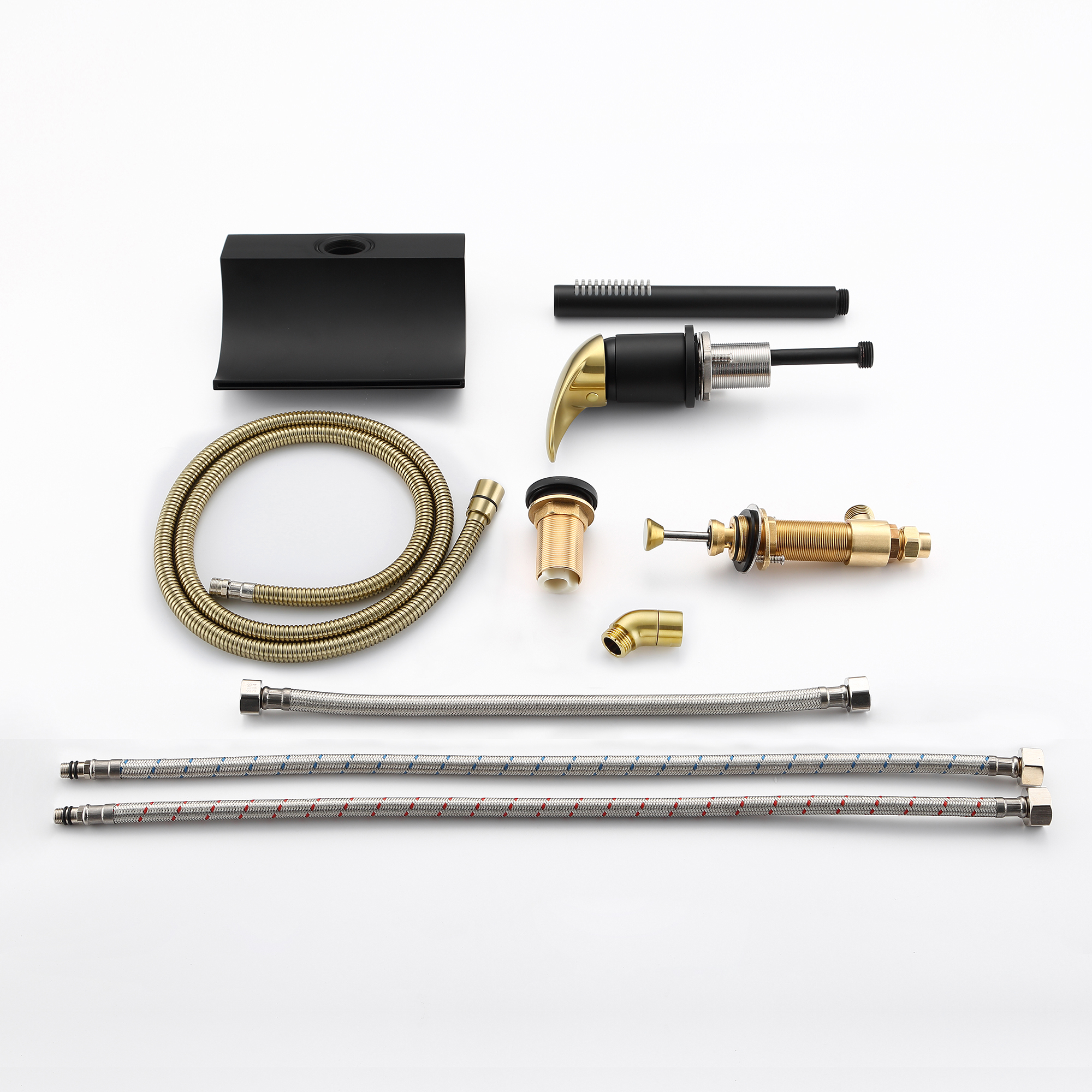 SUMERAIN Waterfall Roman Tub Faucet Deck Mount Bathtub Faucet Brass Tub Filler with Hand Shower, Black and Gold Finish