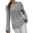 thumbnail image 2 of Txlixc Mujeres Trendy Hollow-Out Tops, Crochet Color sólido Cuello redondo Manga larga Punto Tops con puños acampanados para damas Txlixc  Moda, 2 of 9