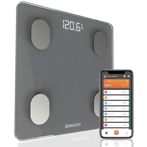 Báscula inteligente KONQUEST para peso corporal, báscula digital de baño con Bluetooth, IMC, grasa corporal, monitor de composición corporal, analizador de salud con aplicación para smartphone, 181 kg