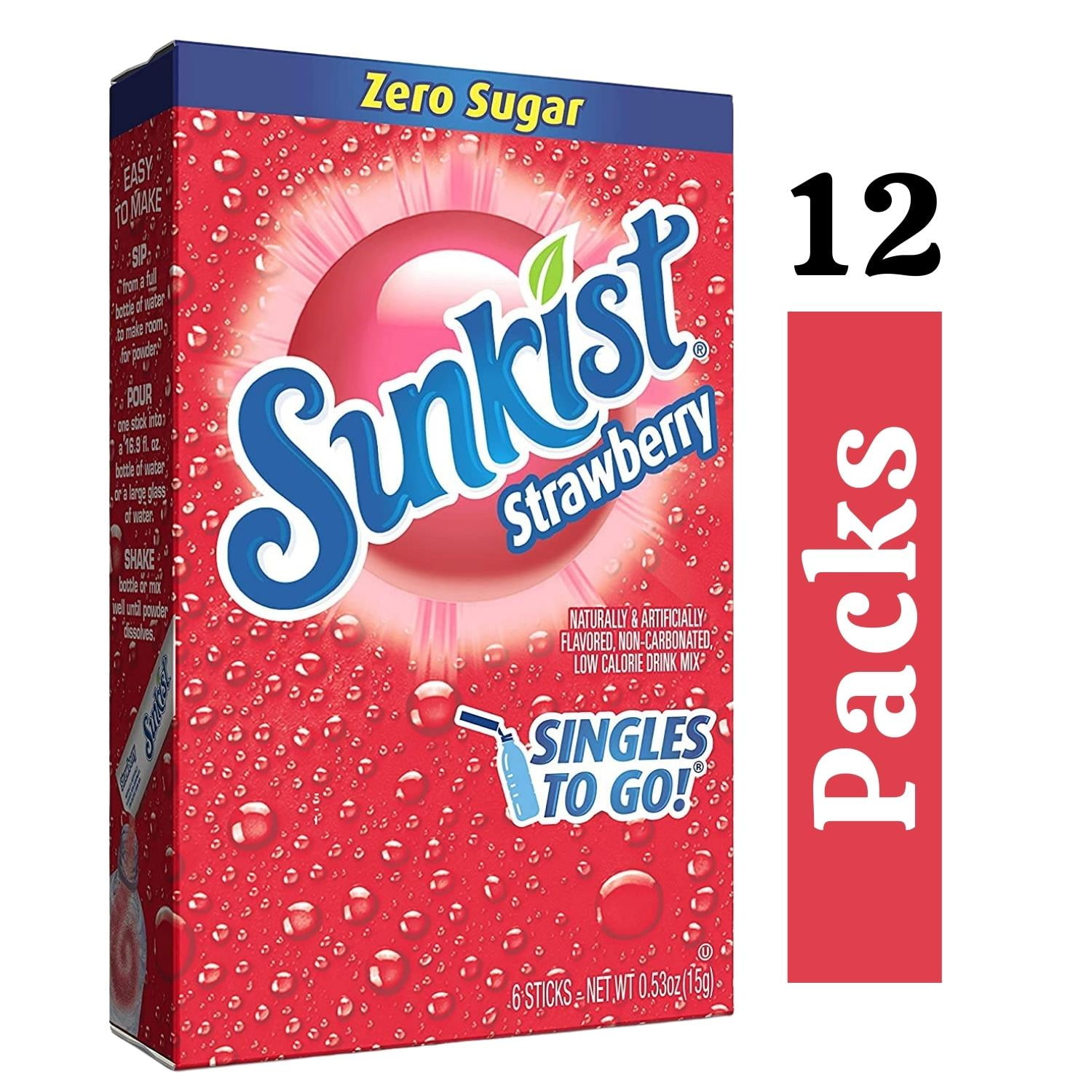 Sunkist Soda Singles To Go Drink Mix, Strawberry, 12 Boxes with 6 Packets Each - 72 Total Servings, Non-Carbonated and Sugar-Free