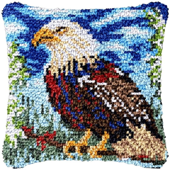 Eagle Bird Latch Hook Pillowcase Kits for Adults and Starter DIY Cushion Cross Stitch Latch Hook Rug Kits with Preprinted Canvas Crochet Yarn Kits Needlework Crafts 17'' X 17''
