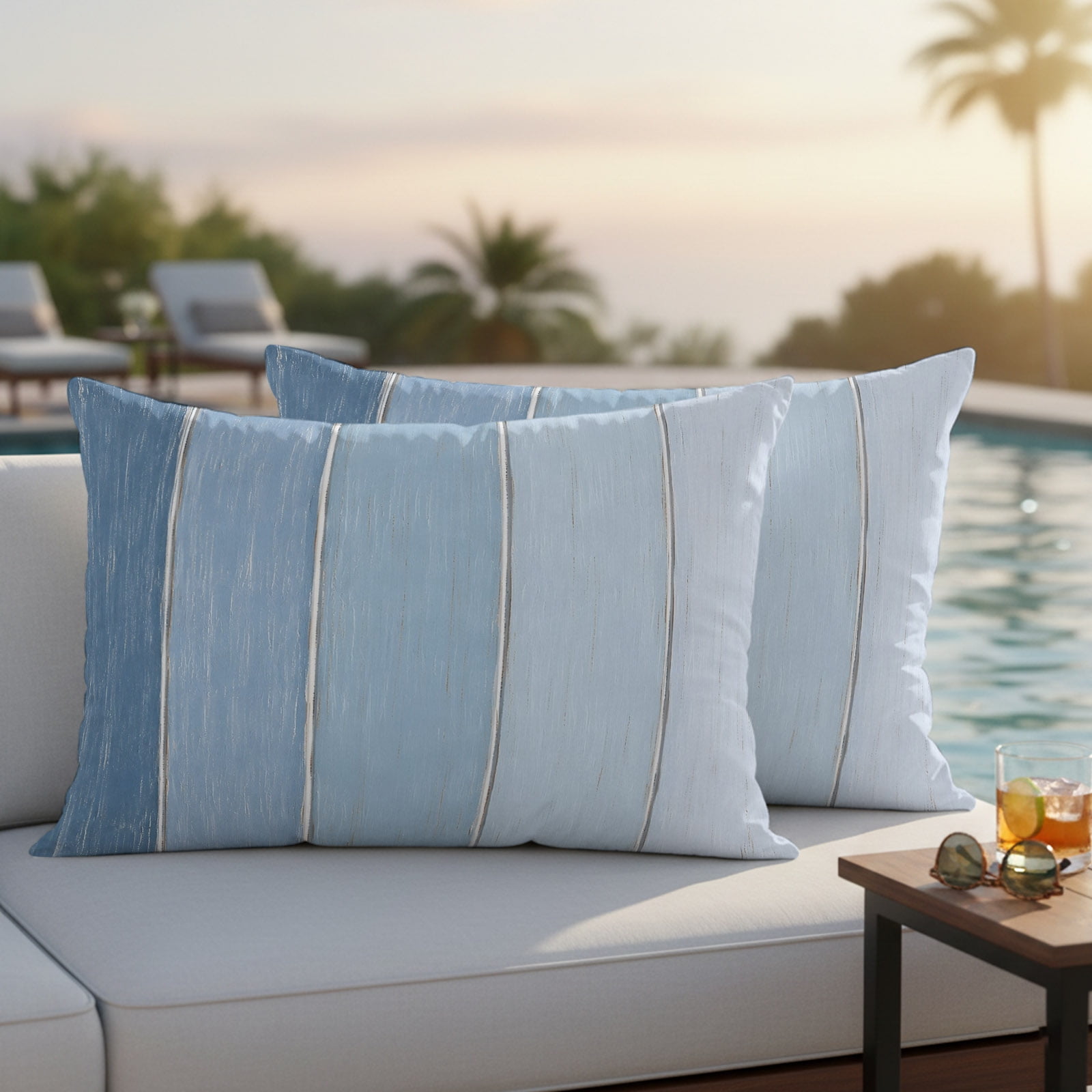Light Blue Ombre Wood Outdoor Pillow Covers 20x12 Inch Lumbar Pillow Covers Set of 2 Waterproof Decorative Throw Pillow Cases Farmhouse Vintage Gradient Wooden Cushion Covers for Patio Garden Couch