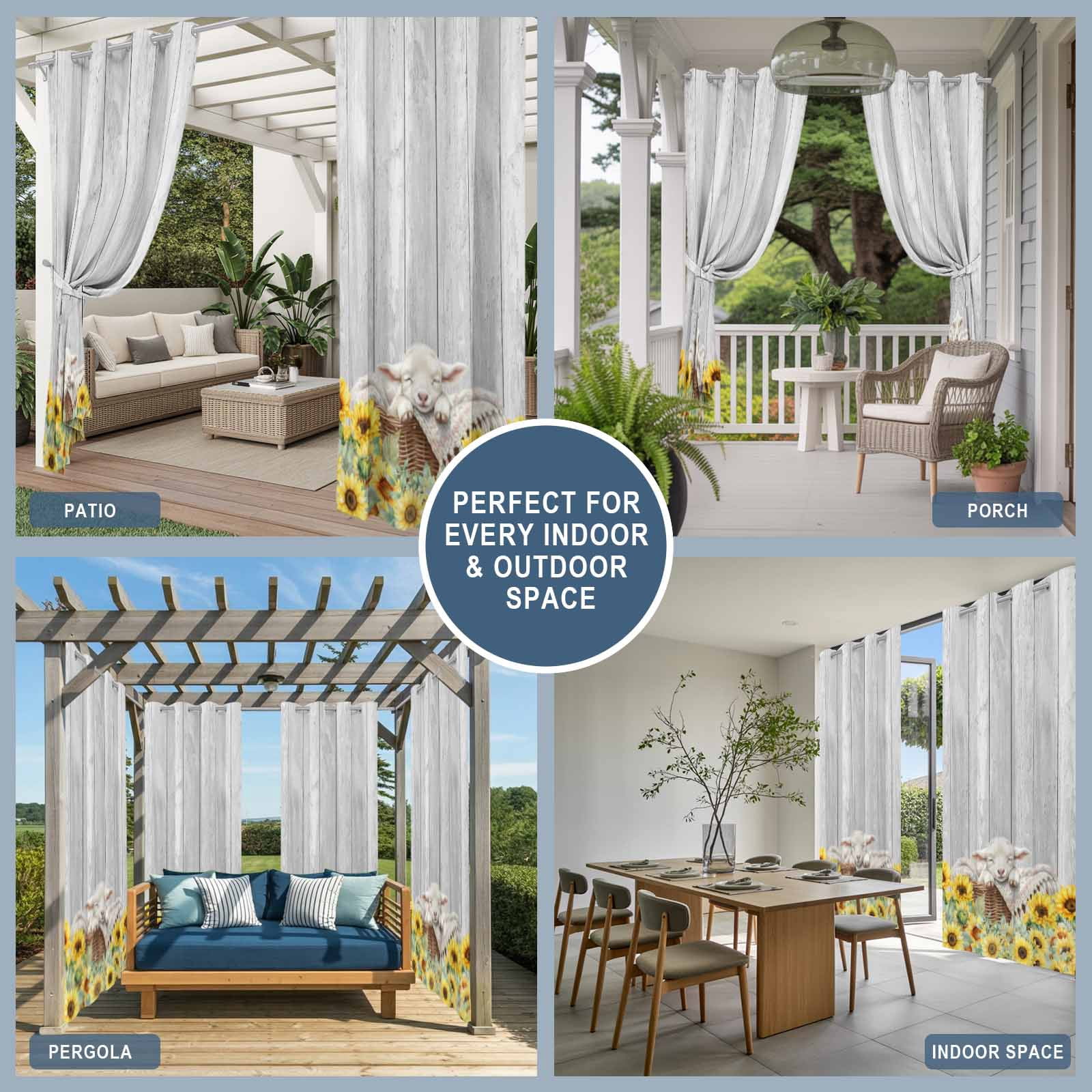 Farmhouse Outdoor Curtains for Patio, Farm Animals Cute Sheep Sunflower Wood Grain Sunshade Privacy Drapes Grommet Waterproof Outside Curtains for Porch/Cabana/Balcony 54"x 108", 1 Panel