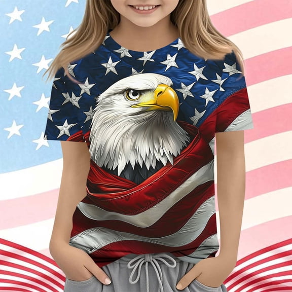 Amidoa Girls Short Sleeve 4th of July Graphic Cute T-Shirts Kids Tops Summer Soft Casual Crewneck Tees Dark Blue Size 2T