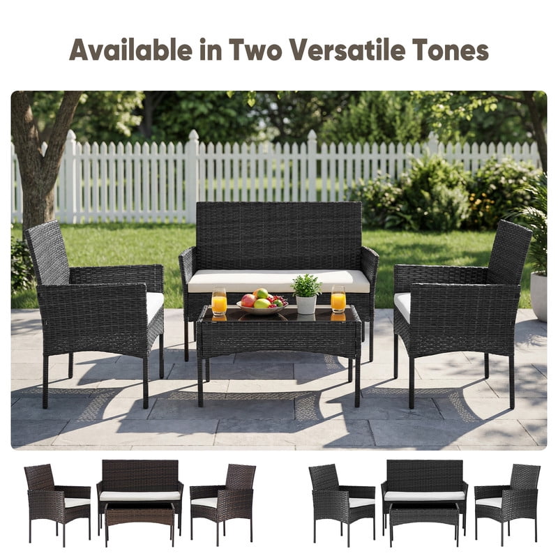 Gianna 4-Piece Patio Furniture Set, Outdoor Wicker Rattan Chairs with Removable Cushion & Glass Table, Conversation Furniture for Porch, Garden, Backyard, Poolside - Black(new style)