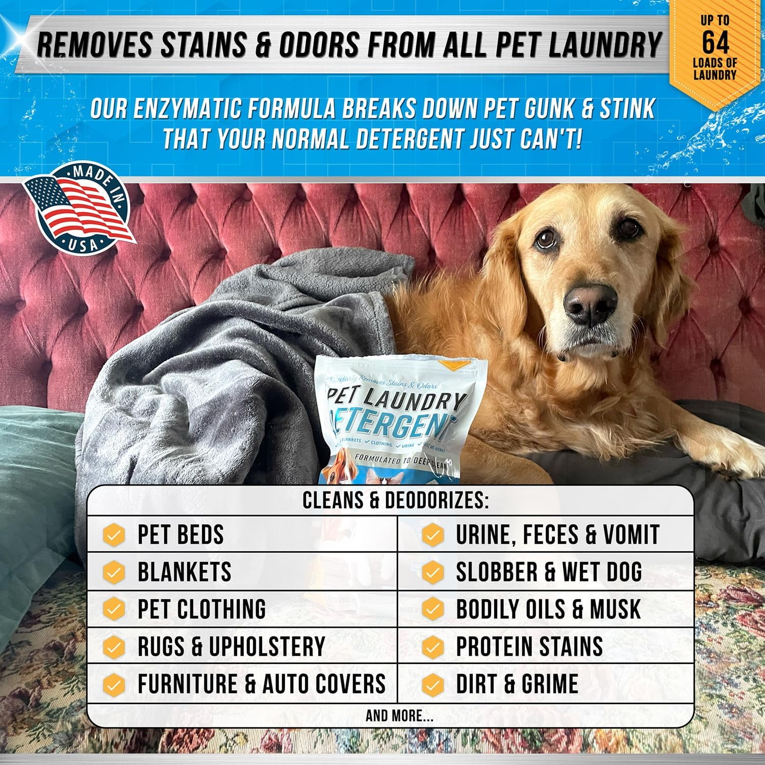 Active Pet Laundry Detergent, Enzyme Based Odor and Stain Lifter for Dog and Cat Bedding, HE Washer Safe, 64 Loads, 1 Pack