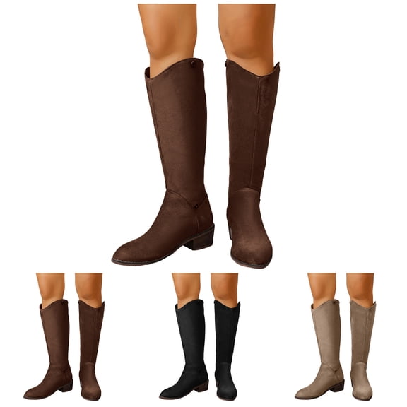 Pandaie Cowboy Boots for Women Pointed Toe Cowgirl Western Knee High Boots Wide Calf Fold Over Pull on Suede Winter Riding Shoes Black 6