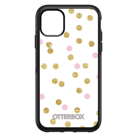 DistinctInk OtterBox Symmetry Custom Case for Apple iPhone 15 (6.1" Screen) - White / Pink / Gold Dots Pattern - Lightweight Grip