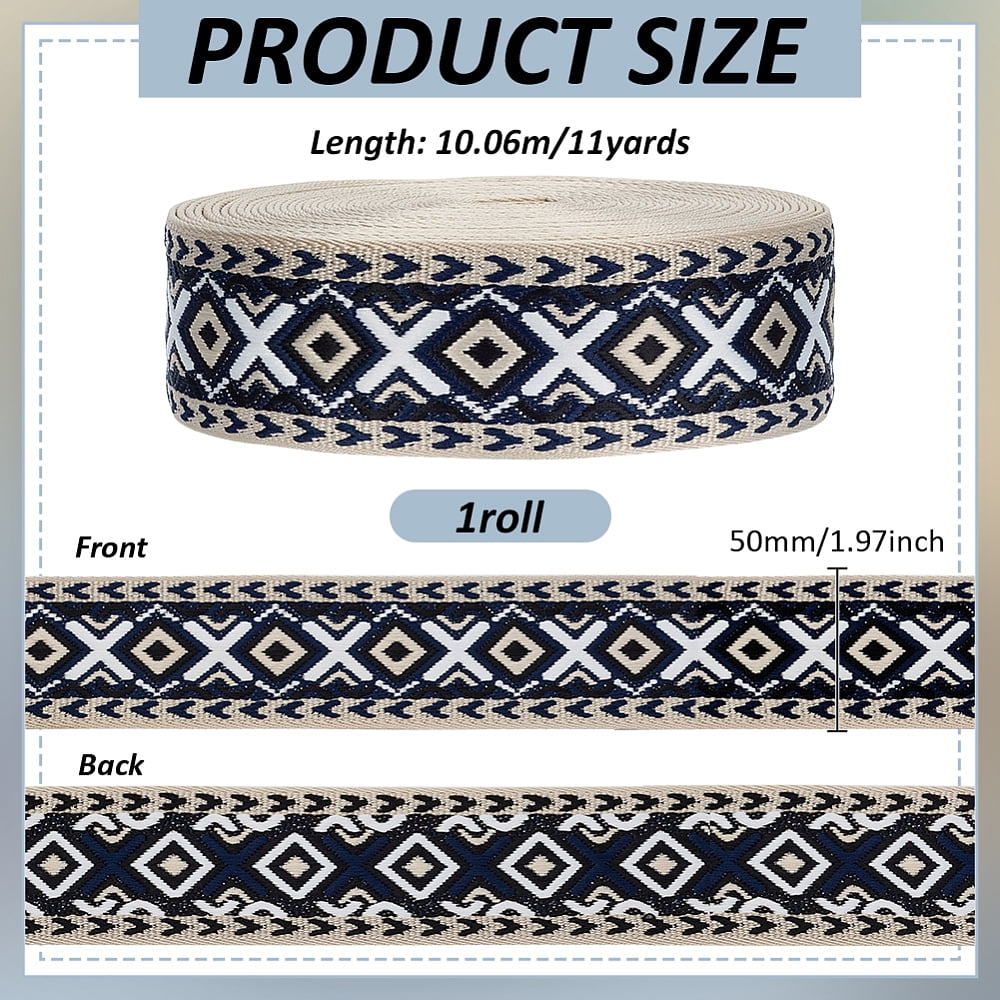 11 Yards/10.06m Rhombus Jacquard Ribbon 5cm/2Inch Wide Black Vintage Geometric Trim Ethnic Style Polyester Webbing Strap DIY