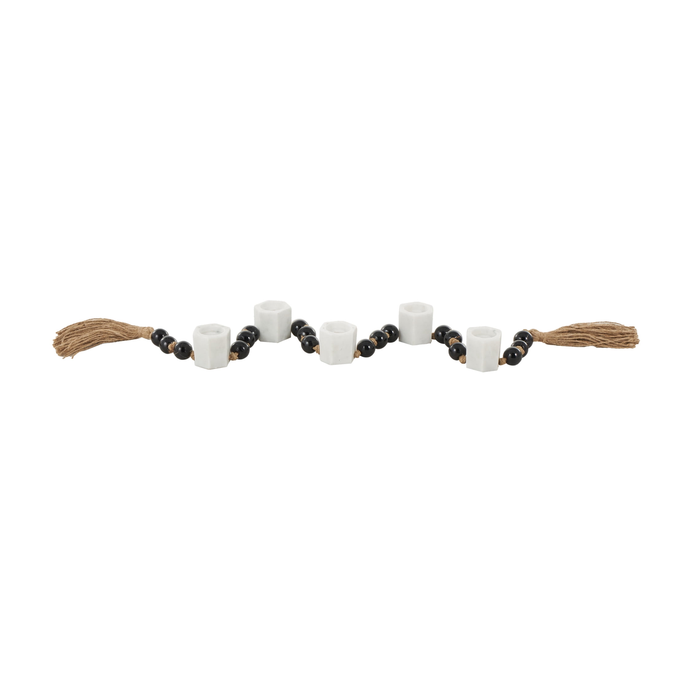 DecMode 5 Candle White Marble Hexagon Garland Candle Holder with Brown Tassel and Black Beads