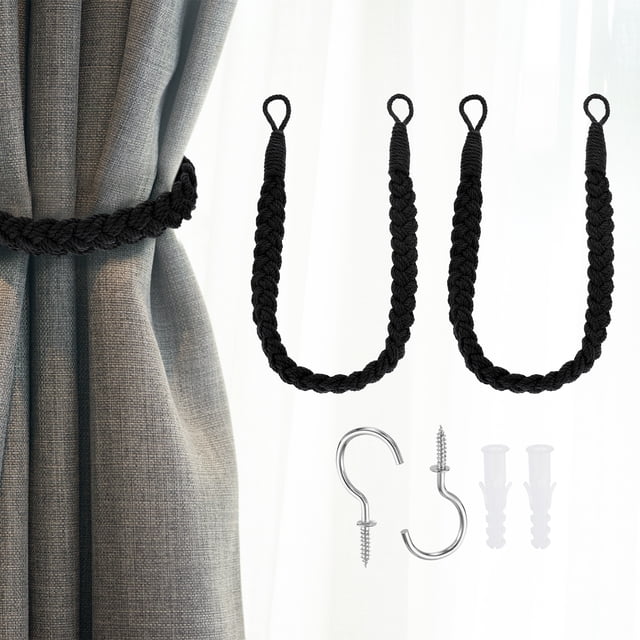 2Pcs Rope Curtain Tiebacks, 23.6-inch cotton hand-woven curtain holdbacks in black. The set includes two braided cotton tiebacks with loops on both ends, two metal hooks, and two expansion bolts. The tiebacks feature a soft texture and durable design, suitable for securing light to medium-weight curtains in living rooms, bedrooms, or offices.