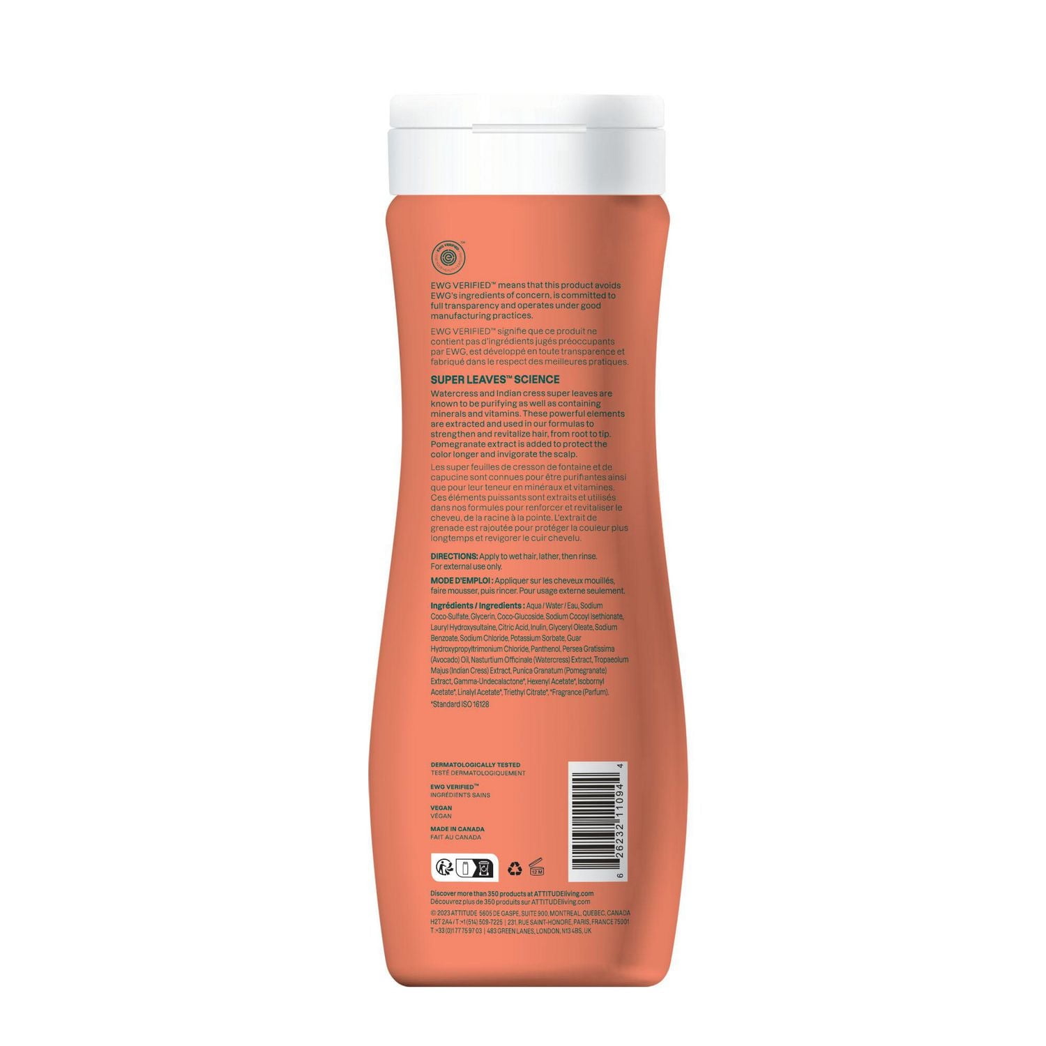 ATTITUDE super leaves, Shampoing Cheveux Colorés, Huile d'Avocat et Grenade, 473 mL