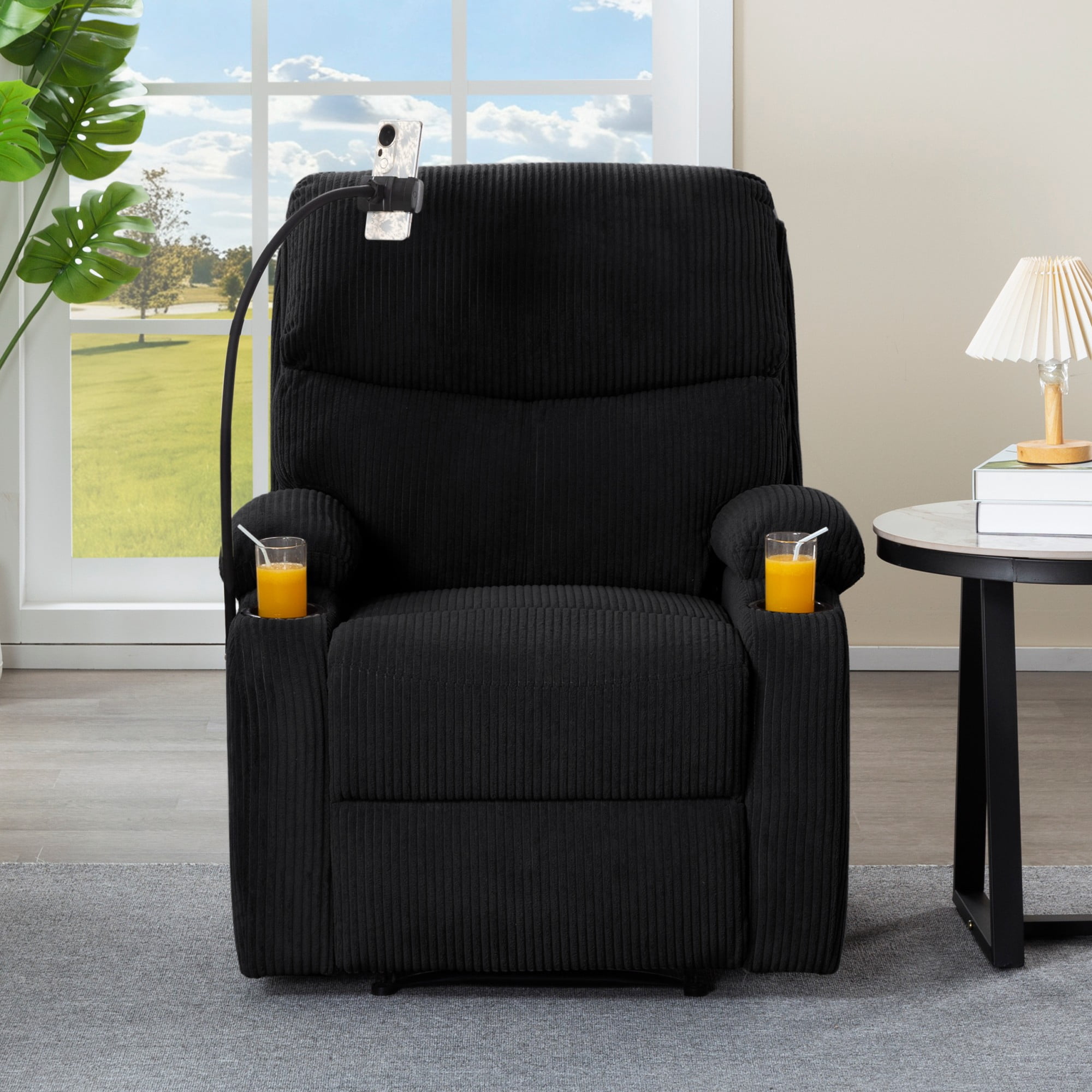 Gewnee Black Corduroy Manual Recliner Chair - Solid Wood Frame with Phone Holder & Cup Holders, Ergonomic Backrest for Living Room Bedroom Office