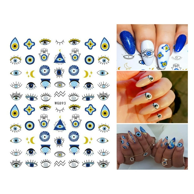 opvise 5Pcs Nail Adhesive Sticker Blue Colored Eyes Decal DIY Manicure Cute Graffiti  Nail Art Decoration Devil Eye Sticker Nail Accessories 