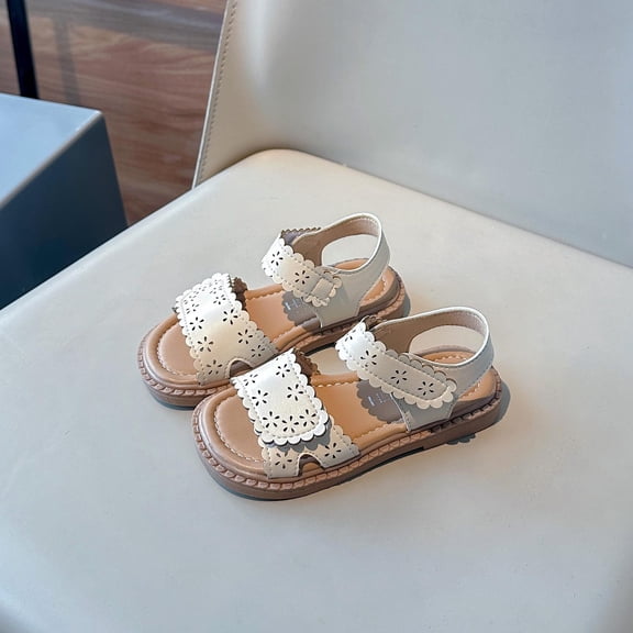 SGFCWSX Girls Summer Sandals Open Toe Scalloped Cut-Out Accent Adjustable Strap Flat Non-Slip Sole Casual Shoes for Kids White Size 4 Years