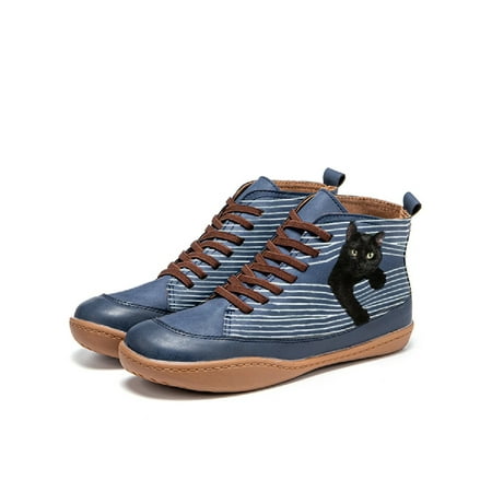 

Crocowalk Women s Lace Up Low Heel Ankle Booties Cat s Print Cotton Boots Comfortable Slip On Outdoor Shoes