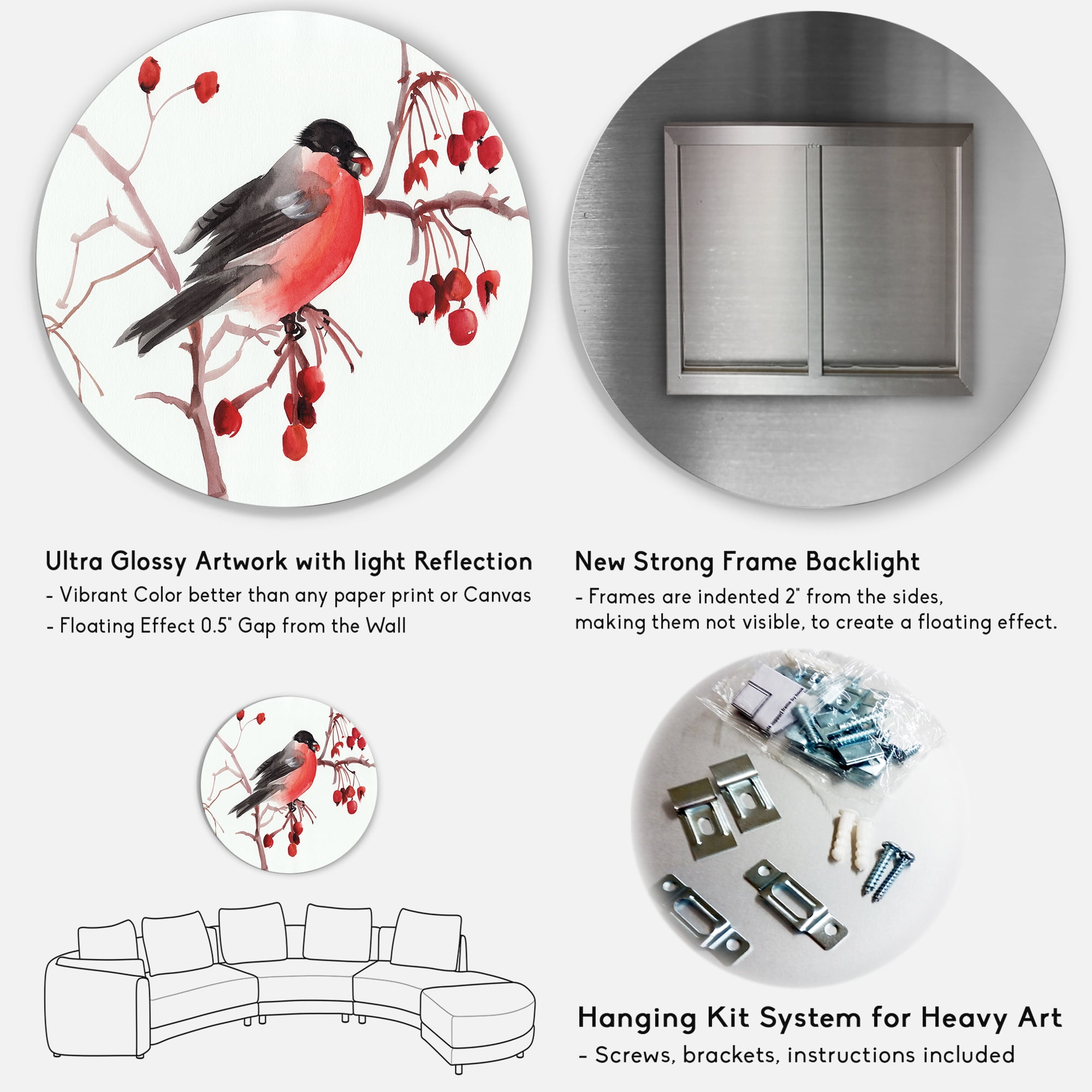 Designart 'Bullfinch Bird Sitting On A Branch' Traditional Circle Metal Wall Art 11x11 - Disc of 11