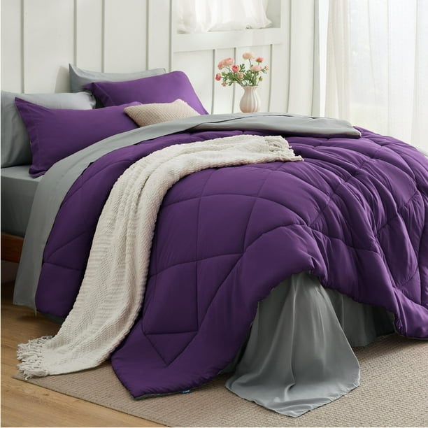 Juego de Edredón Bedsure King Size Reversible Morado 7 Piezas