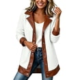 thumbnail image 2 of Women Fleece Jacket with Faux Leather Trim Button Down Lapel Collar Coat Warm Casual Fall Winter Warm Coat, 2 of 8