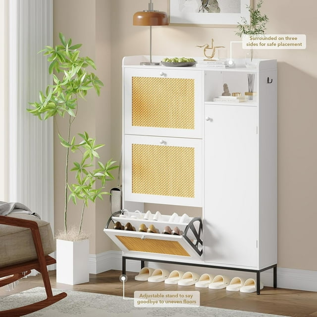 YUSAZENS Rattan Shoe Cabinet, 3-Tier Shoe Cabinet with Flip Drawers, Freestanding Narrow Shoe Storage Organizer with Adjustable Shelves, Shoe Rack for Entryway, Fence on Top (White)