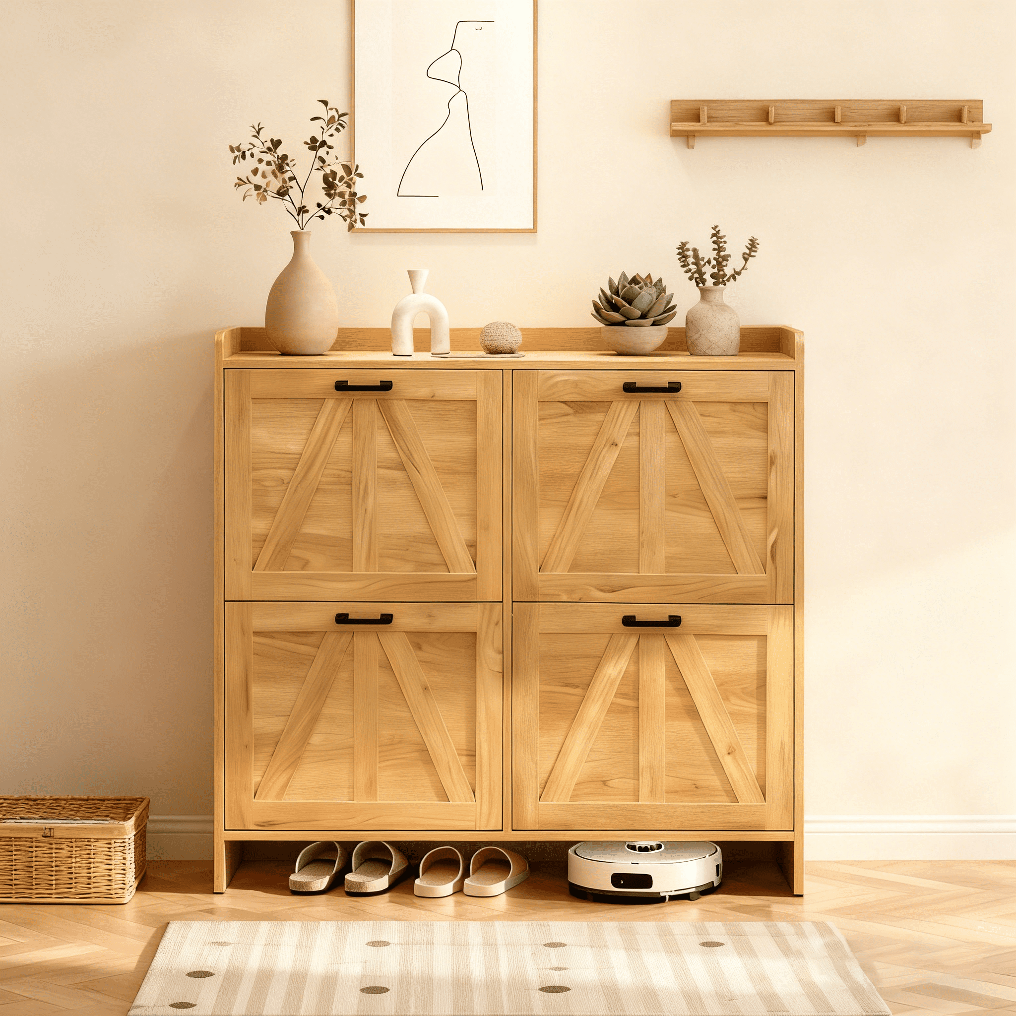 Mintazer Farmhouse Shoe Cabinet with 4 Flip Drawers, Entryway Shoe Storage with Open Shelf & Bottom Clearance for Living Room, Natural