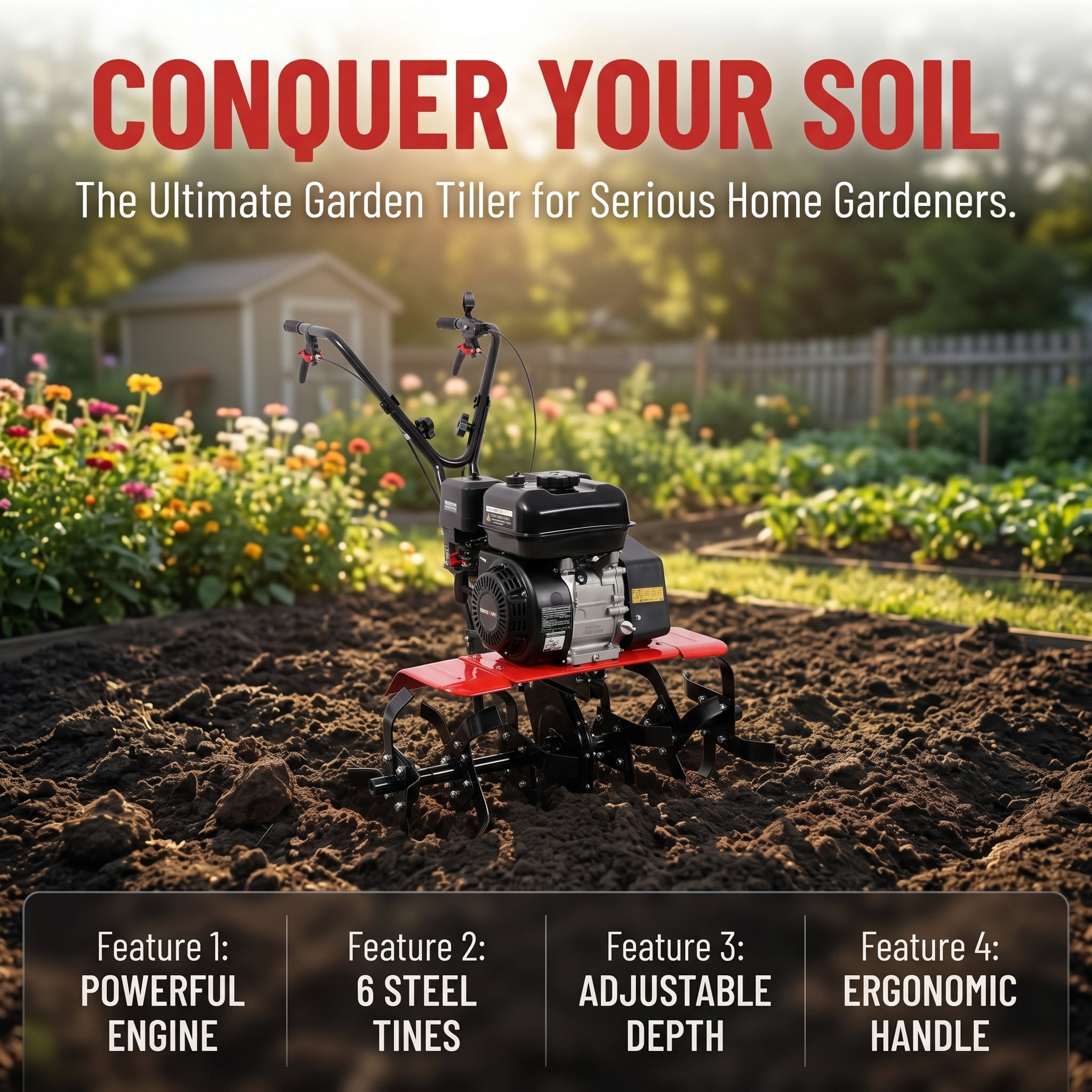 Heavy Duty Gas Garden Tiller, 7HP 212CC Engine, 32.5in Wide 10in Deep Cultivator with 6 Blades for Soil Preparation