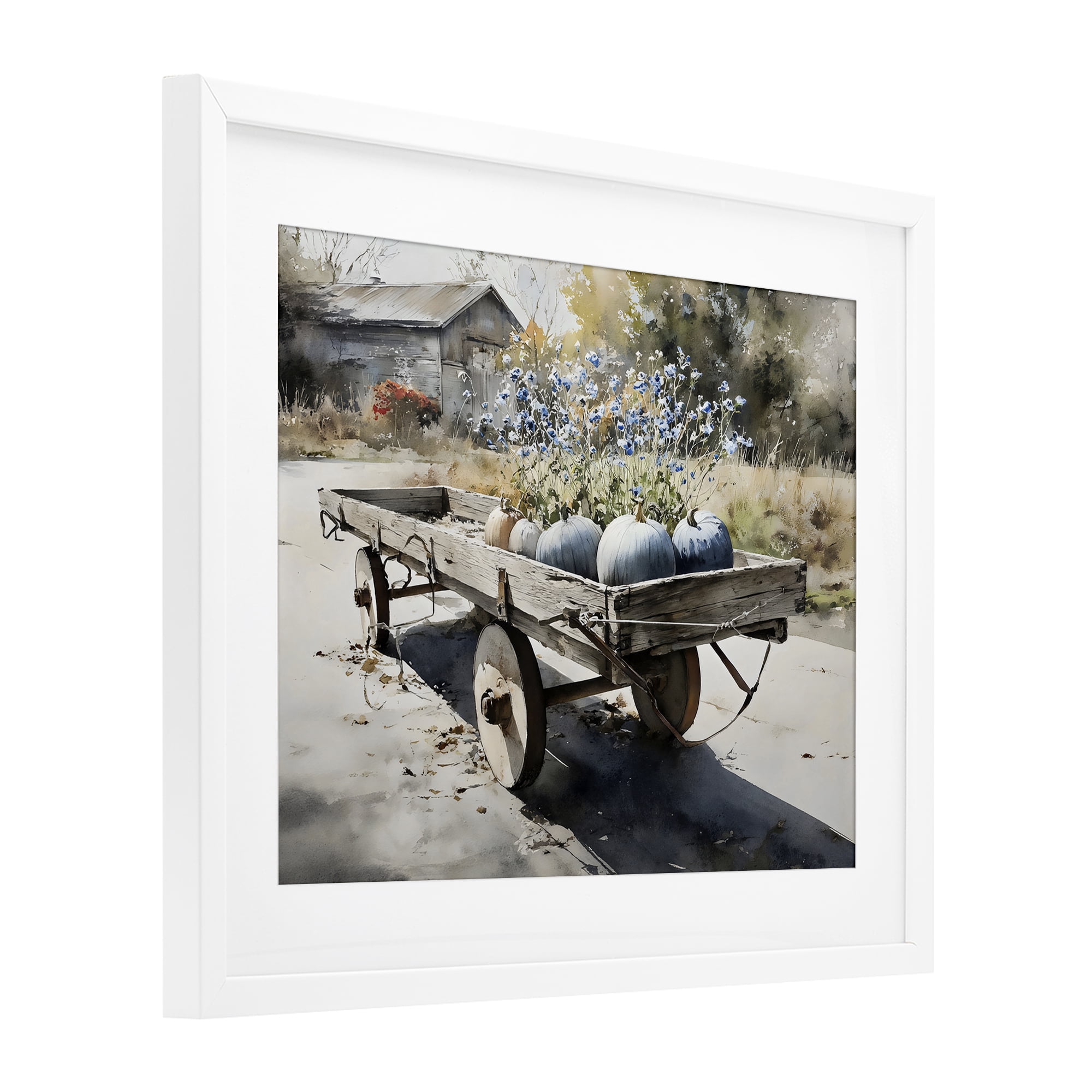 Stupell Industries Blue Pumpkin Wagon in Sunlight White Framed Print Under Glass, design by Franklyn Gregory