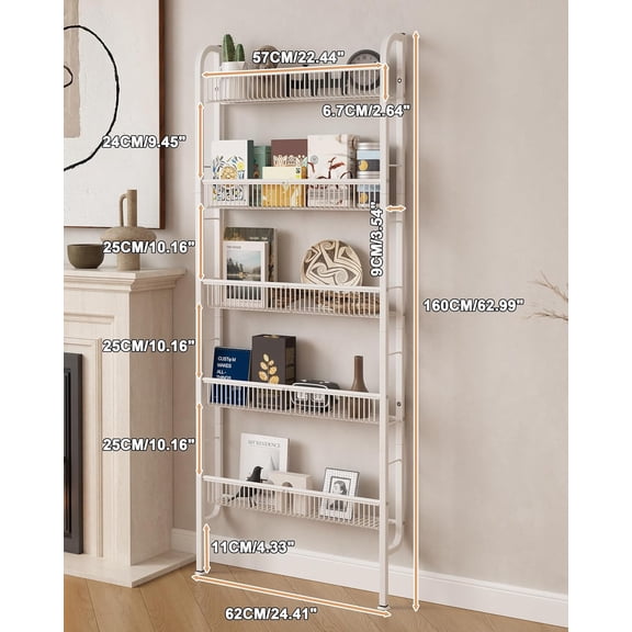 Behind The Door Bathroom Shelf Narrow 5-Tier Space-Saving Slim Storage Unit for Kitchen and Bath White