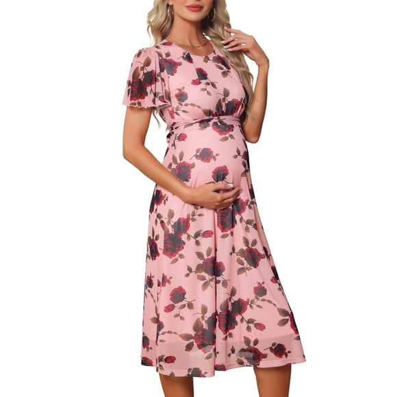 INSPIRE CHIC Maternity Flowy Floral Dress Midi Baby Shower Photoshoot Formal Casual Pregnancy Dress 2026 Summer M Pink Dress & Red Rose