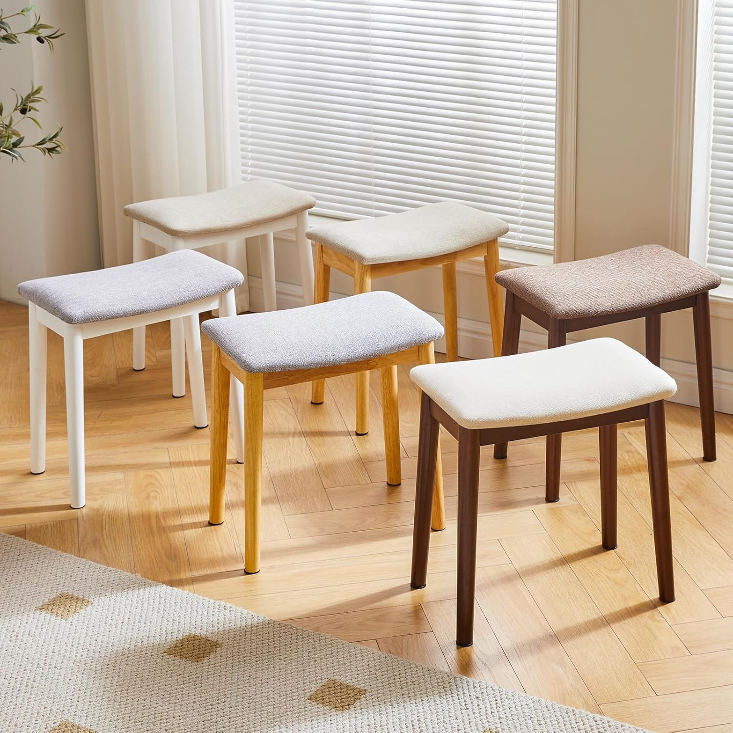 Vanity Stool with Saddle Cushion,Modern Foot Stool Ottoman Piano Bench,Foot Rest Stool with Solid Wood Legs, Small Upholstered Bench for Bedroom, Entryway,Beige