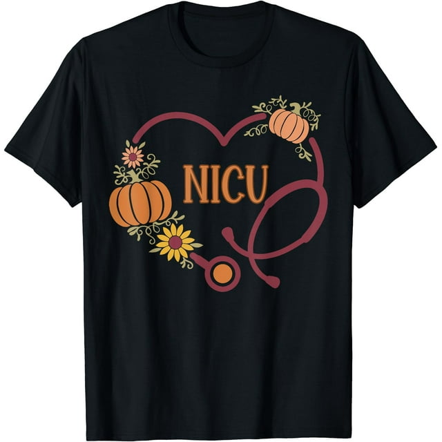T-Shirt Rétro NICU Infirmière Stéthoscope Cœur Citrouille Automne Action de Grâce - Noir - m