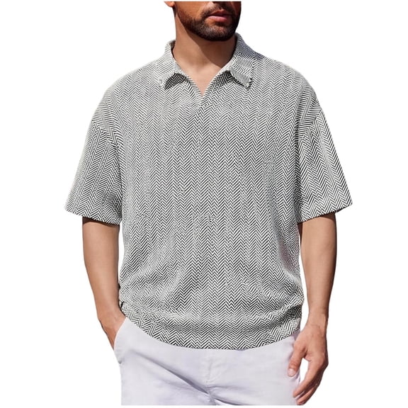 APEXFWDT Men's Big&Tall Jacquard Shirt Casual Loose Fashion Golf Shirt Short Sleeve Lapel Top,M,White