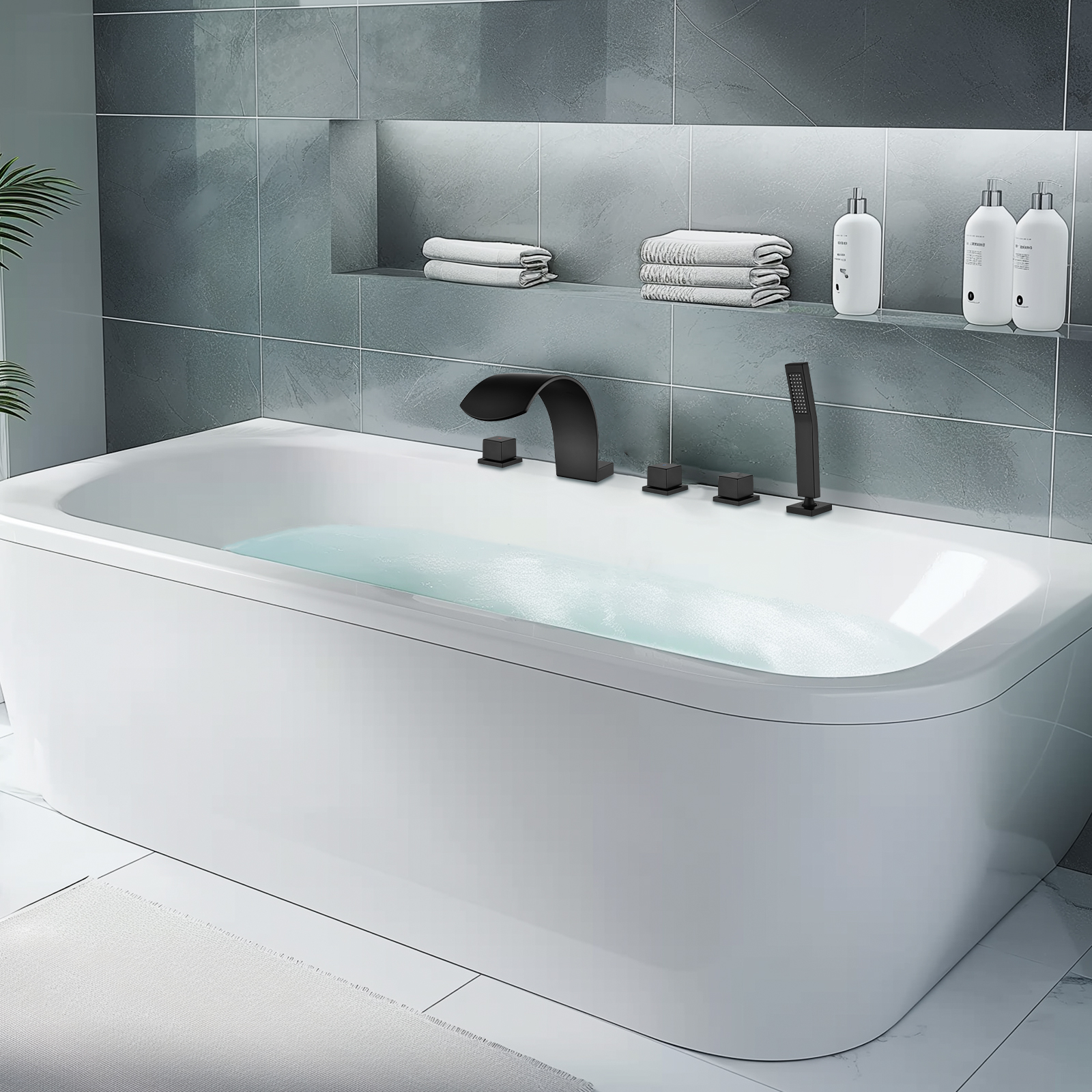 Cobbe Deck Mount Bathroom Bathtub Faucet with 2 Switches, 1 Diverter Knob, 3.74-Inch Wide Waterfall Spout and Handheld Sprayer Matte Black