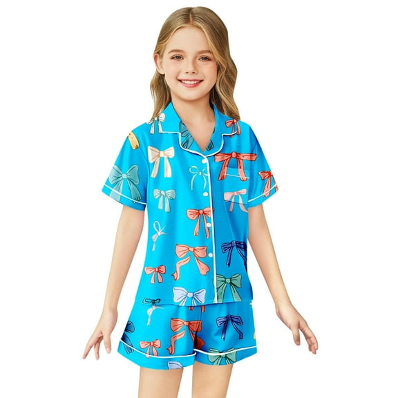 Kids Silk Pajama Set Bow Tie Printed 2 Piece Set Short Sleeve Button Down Shirts Shorts Set Toddler Summer Pajamas Girls Silk Pajamas Size 8-9 Years