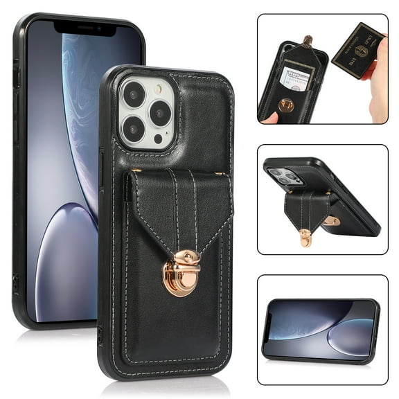 Allytech Card Holder Case for iPhone 14 Pro, Premium PU Leather Kickstand Case with Metal Anti-Theft Buckle & Shoulder Strap, Shockproof Drop Protection Comfortable Grip Case, Black