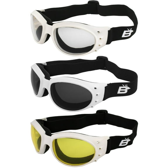 Birdz Eyewear Eagle Motorcycle Skydiving Padded Goggles 3 Pairs White Vented Frames Bundle Anti-Fog Lenses