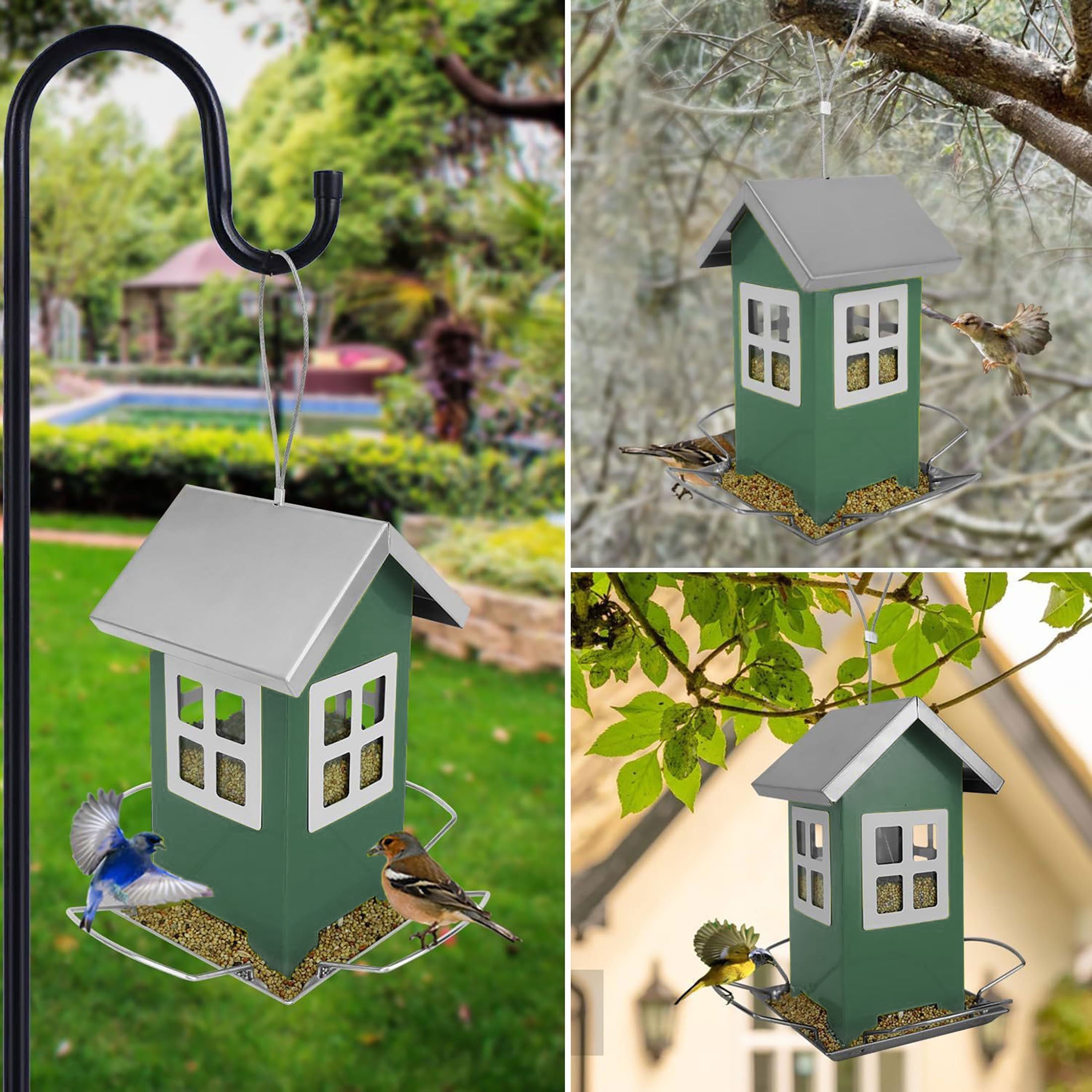 Pettrek Rover Hanging Bird Feeder for Outdoor with Removable Roof, Stainless Steel, Green