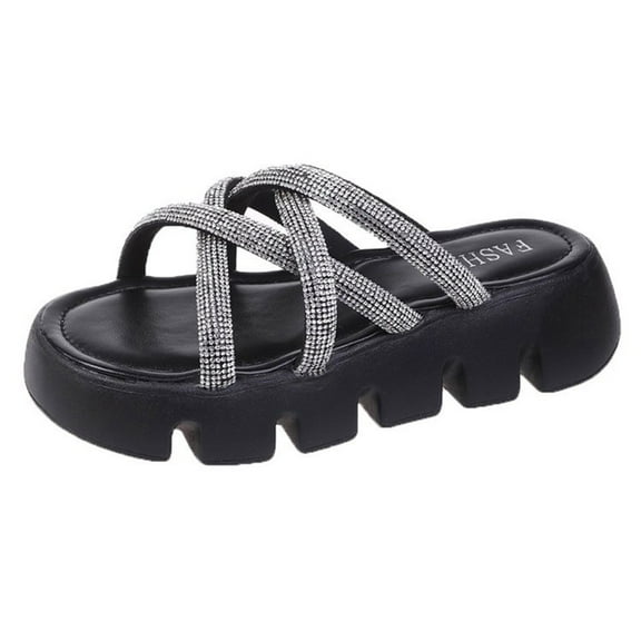 Xfvqtps Slide Sandals Women Flatform Crisscross Straps Rhinestone Sparkling Open Toe Non Slip Breathable Summer Beach Sandals Black