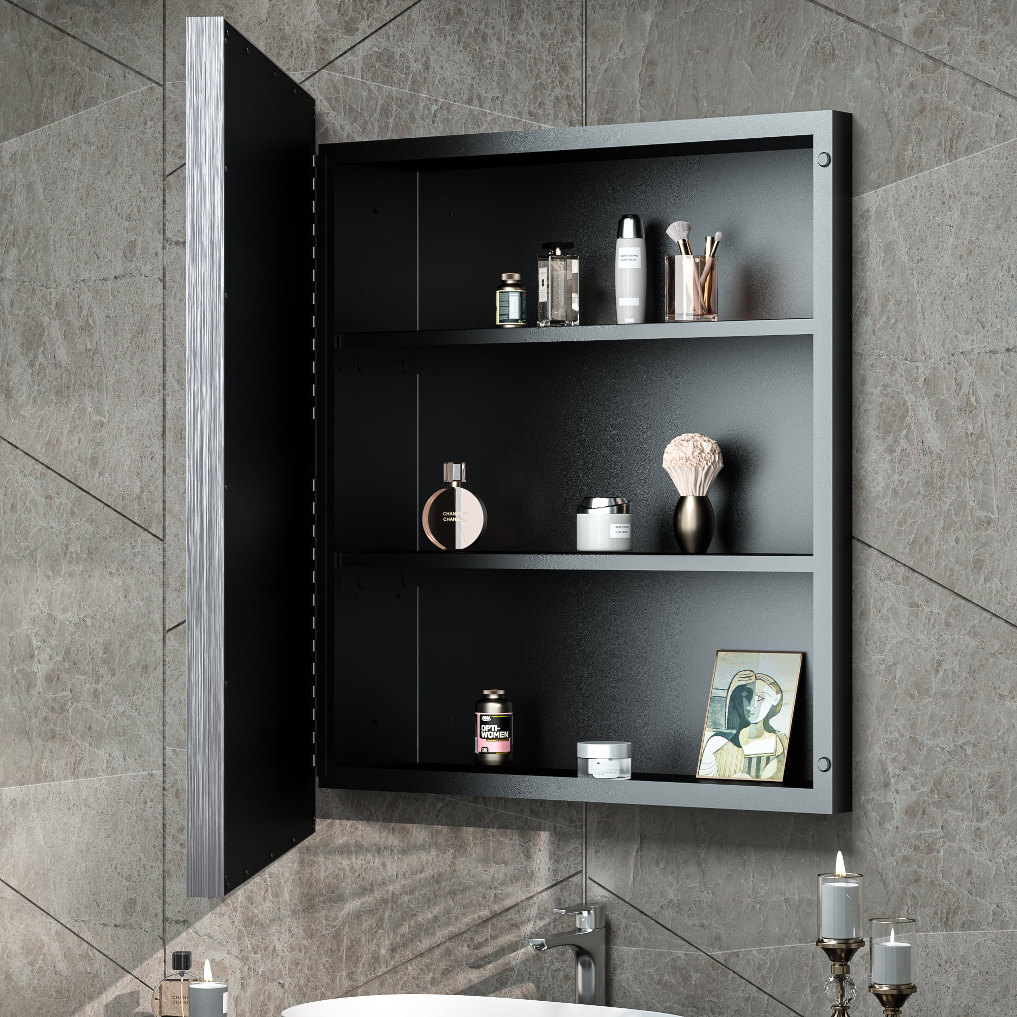TEHOME 26 in. W x 30 in. H Double Door Rectangular Metal Framed Rounded Bathroom Medicine Cabinet with Mirror in Matt Black