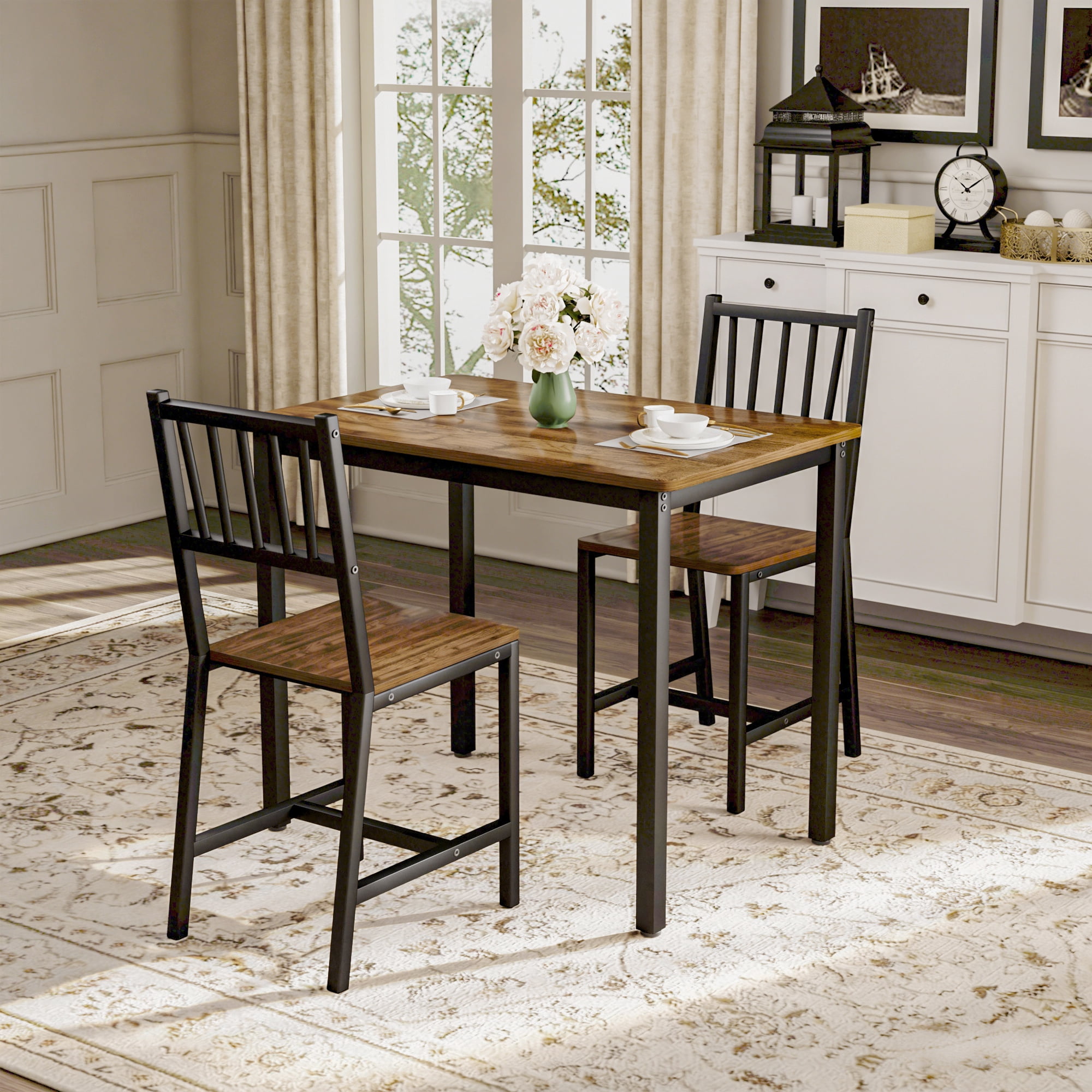 Dining Table Set, Bar Table with 2 Chairs, Walnut, 35.4 in L x 23.6 in W x 29.7 in H