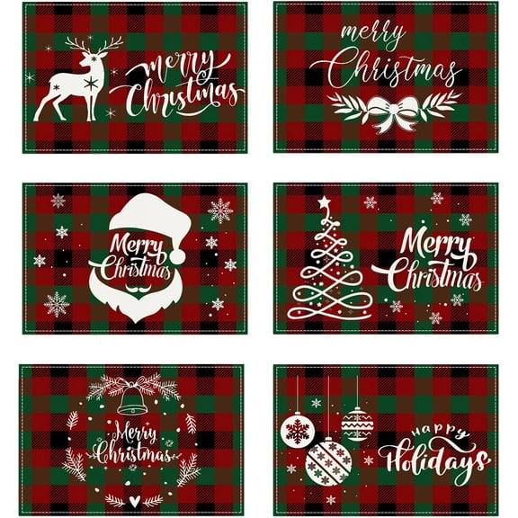 Christmas Placemats Set of 6, 12 x 18 Inch Vinyl Christmas Table Placemats for Dining Table Winter Xmas Holiday Red Placemats Set of 6
