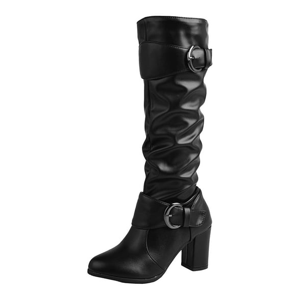 YLYL Women Knee High Slouch Round Toe Buckle Victorian Tall Boots Block Heel Knee-High Boots
