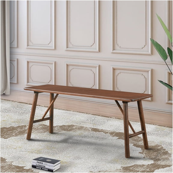 JERFIT Mid-Century Modern Wooden Bench, Walnut Brown Solid Rubberwood Storage Bench for Entryway, Dining Room, Living Room