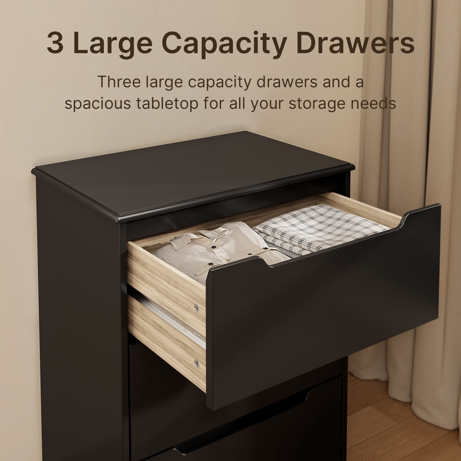 Dresser for Bedroom, Lofka Heightened 3 Drawer Dresser with Cutout Handles, Anti-Tip Safety, Modern Wood Chest of Drawers, Black