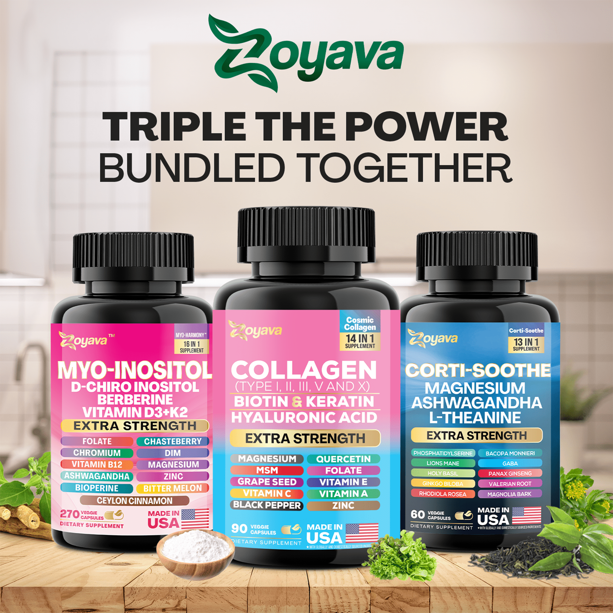 Zoyava Women's Supplement with Myo-Inositol, Collagen, and Corti-Soothe, 60 Capsules